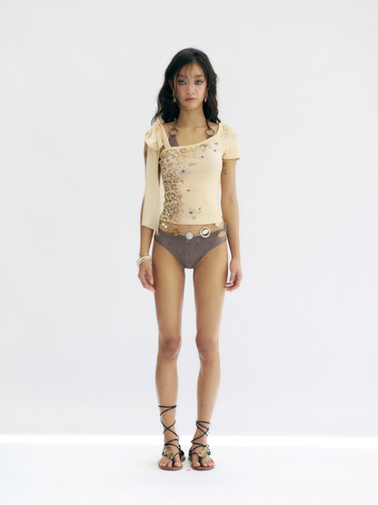 Flowers birds Market Animal Graphic Cropped Fitted Sleeveless Women Stretch Cotton Yellow T-Shirt