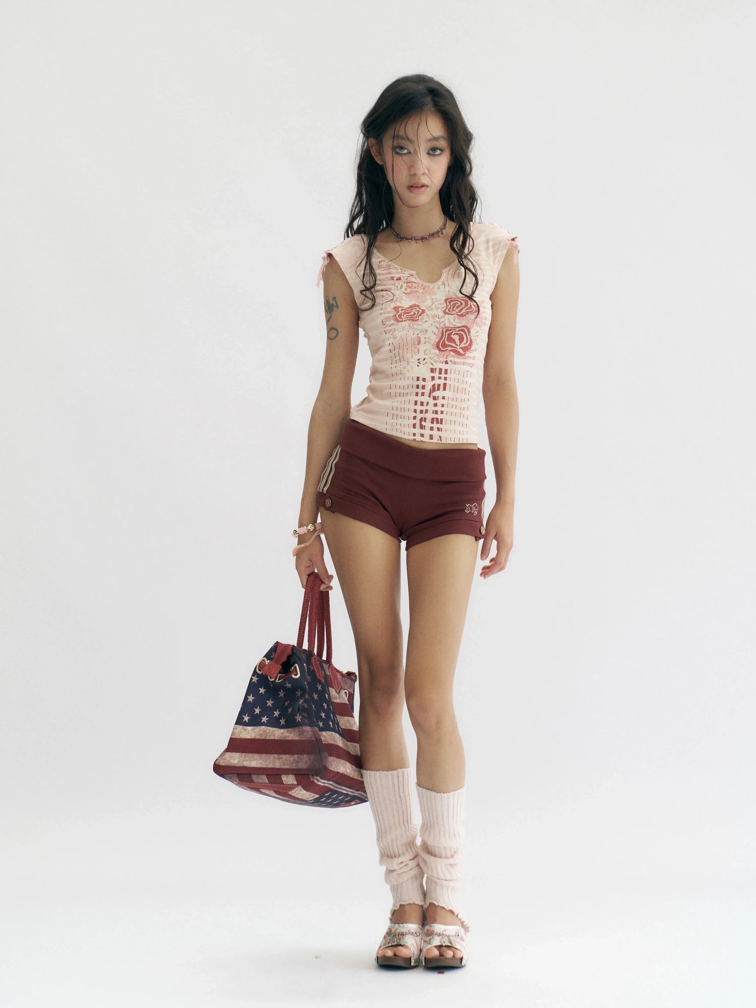 Flowers birds Market Apricot Pink Floral Print Cotton Drawstring Sleeveless Slim Fit Women T-Shirt