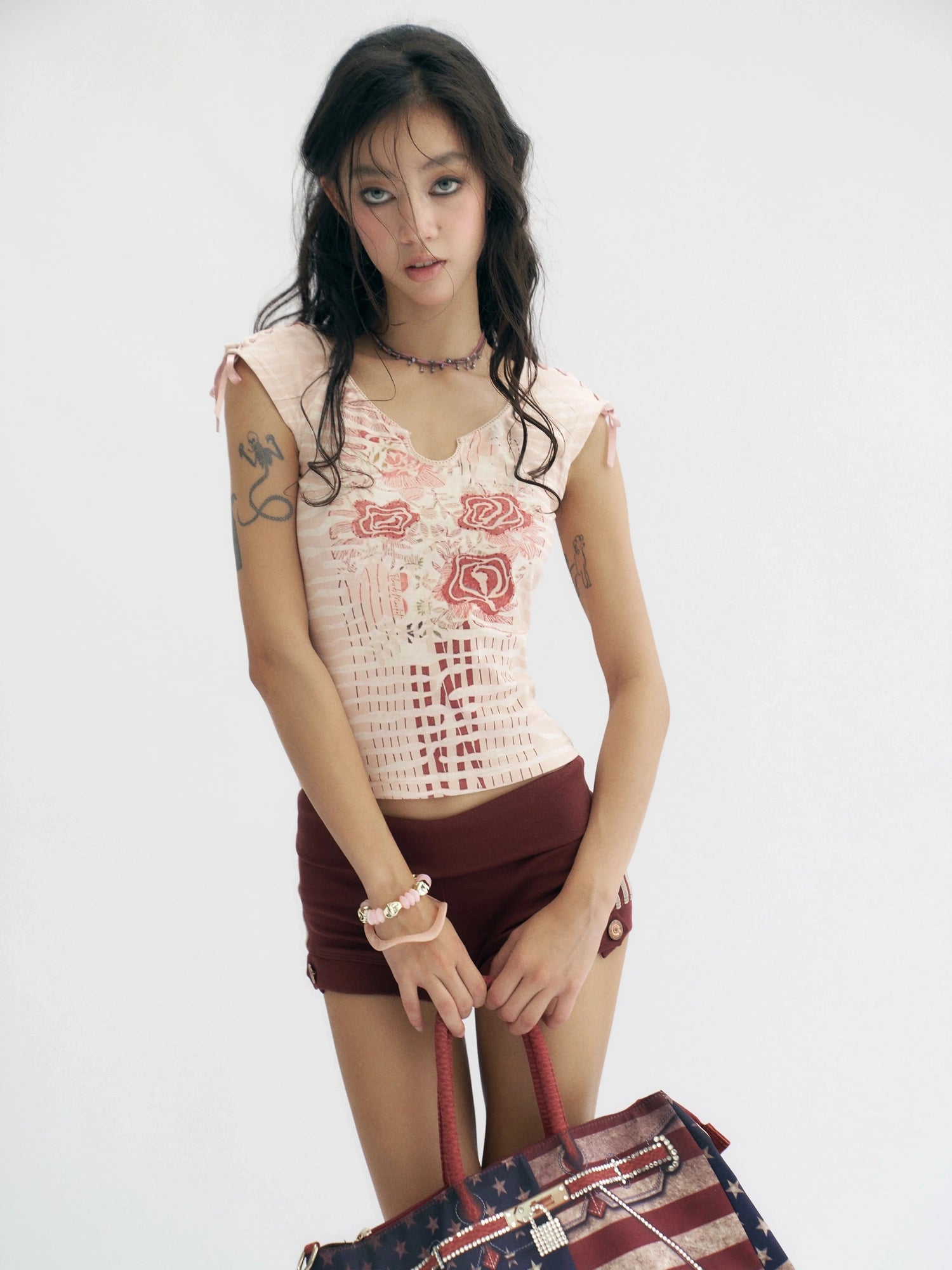 Flowers birds Market Apricot Pink Floral Print Cotton Drawstring Sleeveless Slim Fit Women T-Shirt