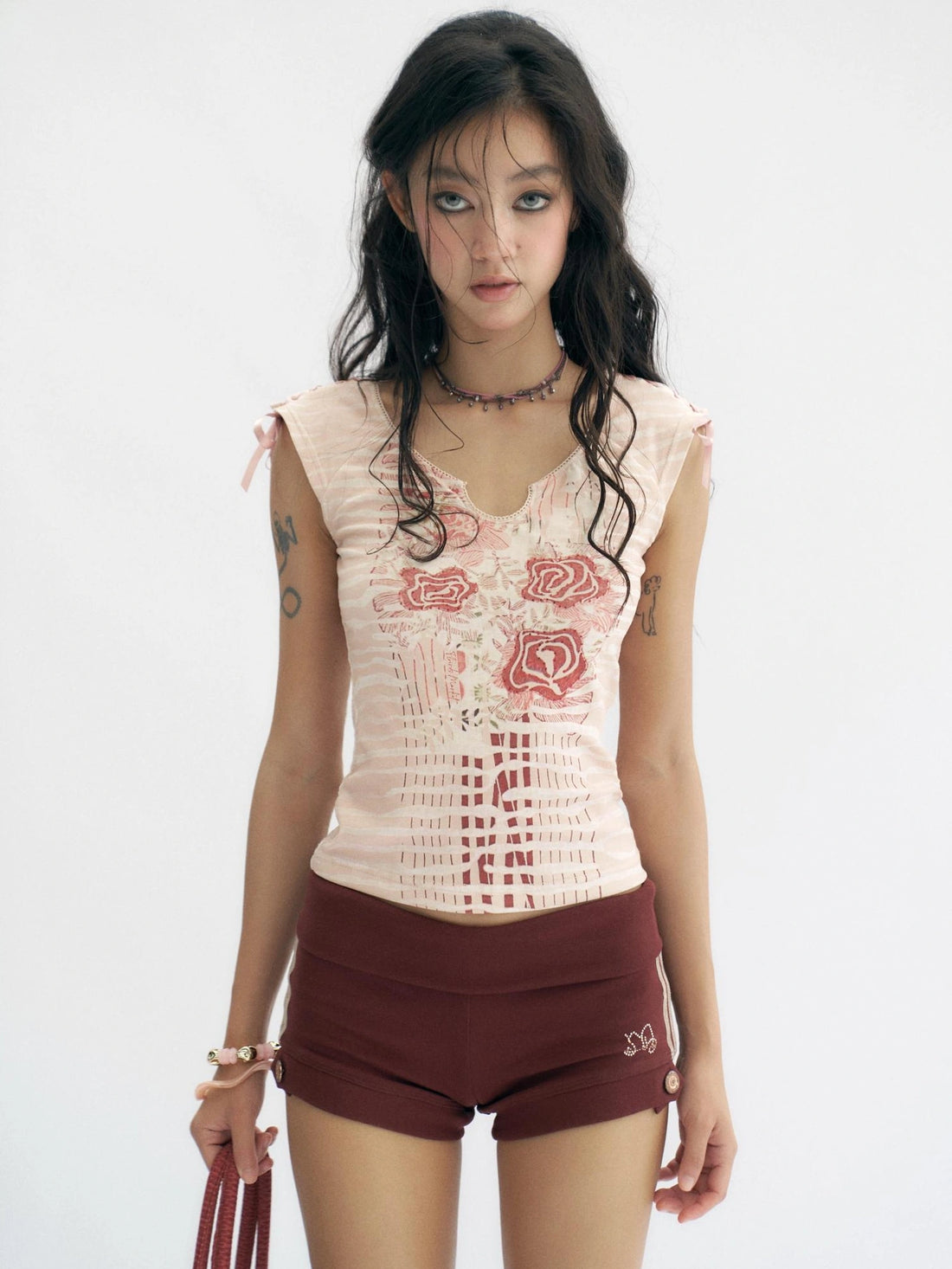 Flowers birds Market Apricot Pink Floral Print Cotton Drawstring Sleeveless Slim Fit Women T-Shirt