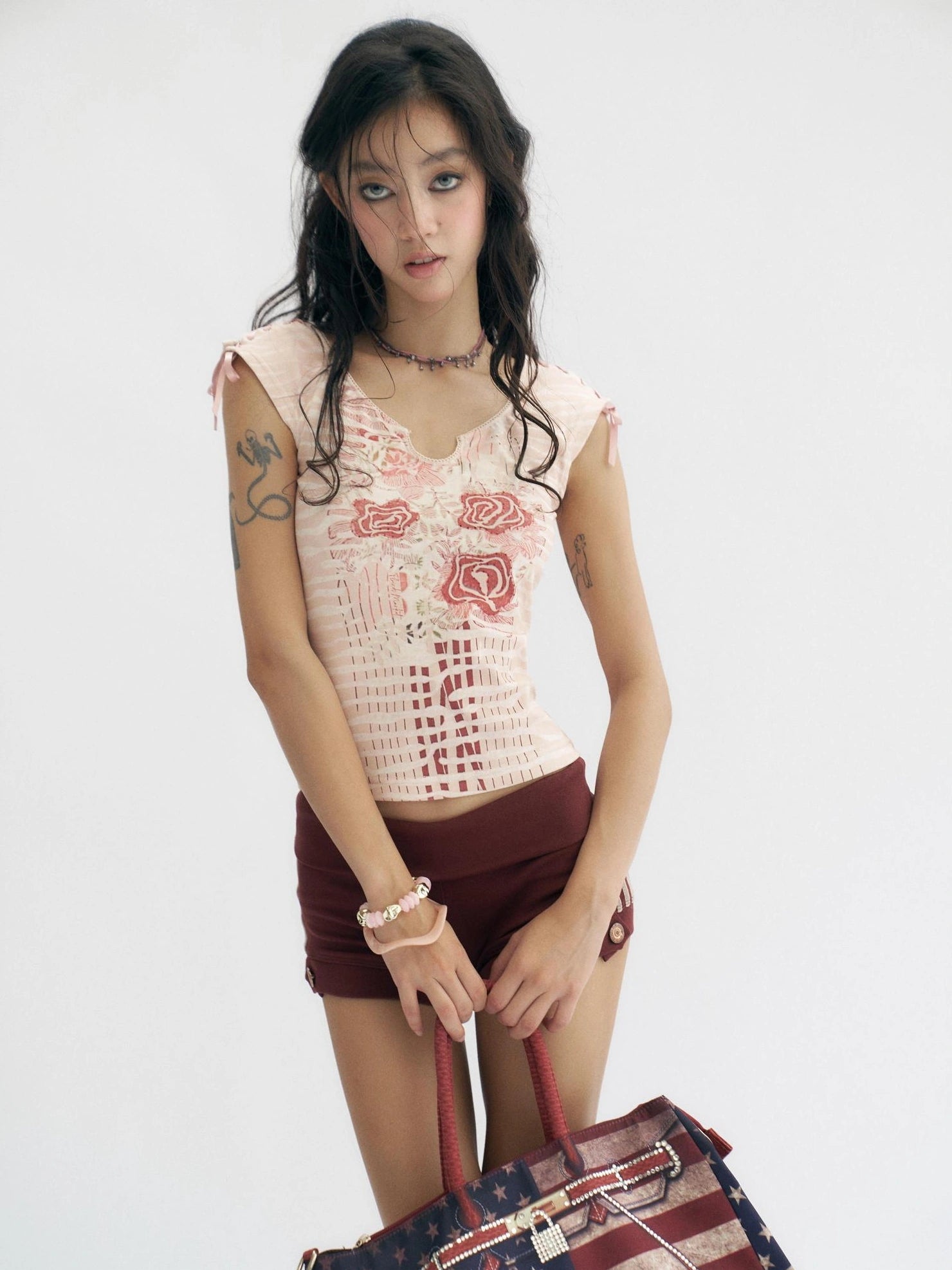 Flowers birds Market Apricot Pink Floral Print Cotton Drawstring Sleeveless Slim Fit Women T-Shirt