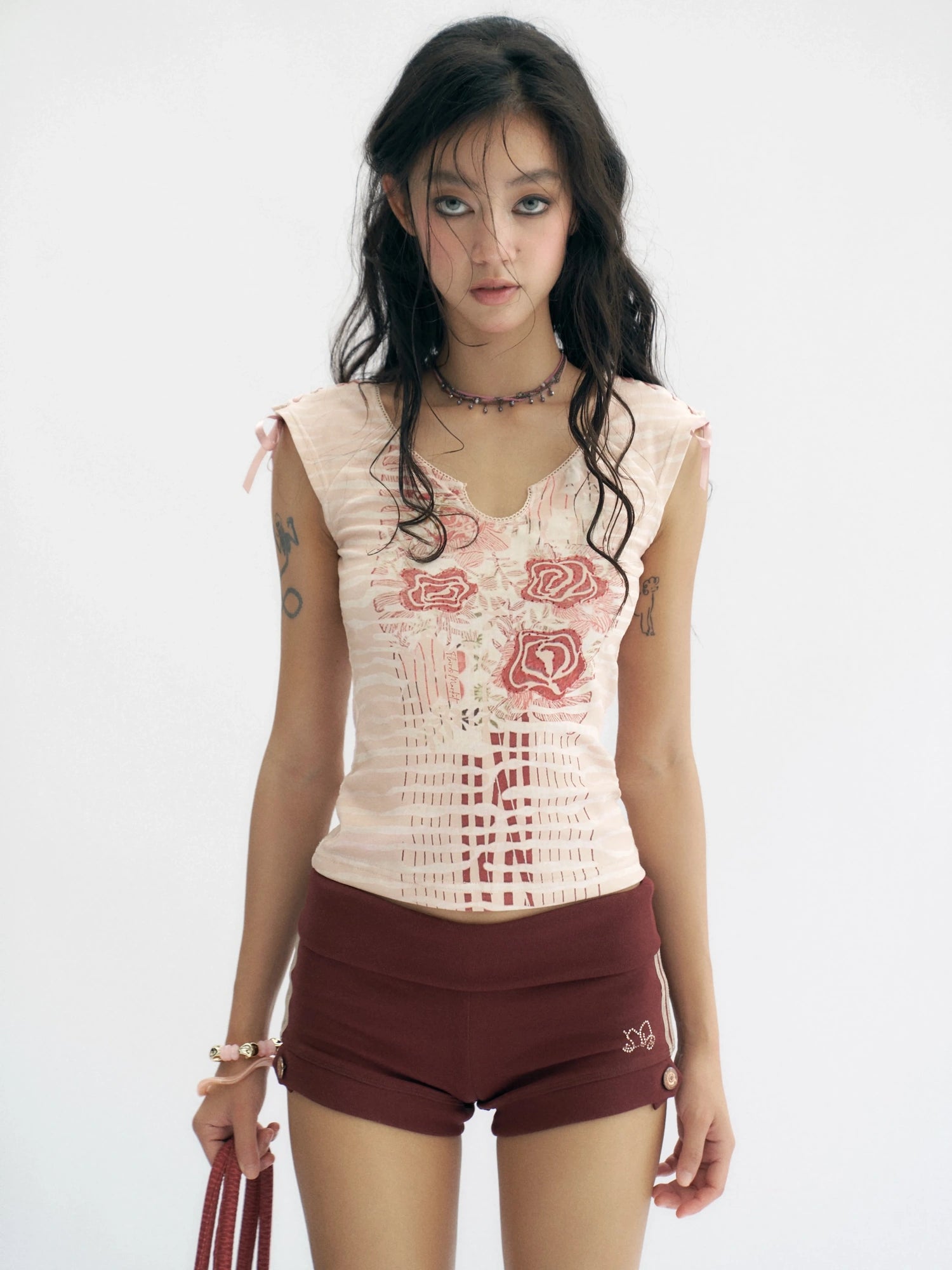 Flowers birds Market Apricot Pink Floral Print Cotton Drawstring Sleeveless Slim Fit Women T-Shirt