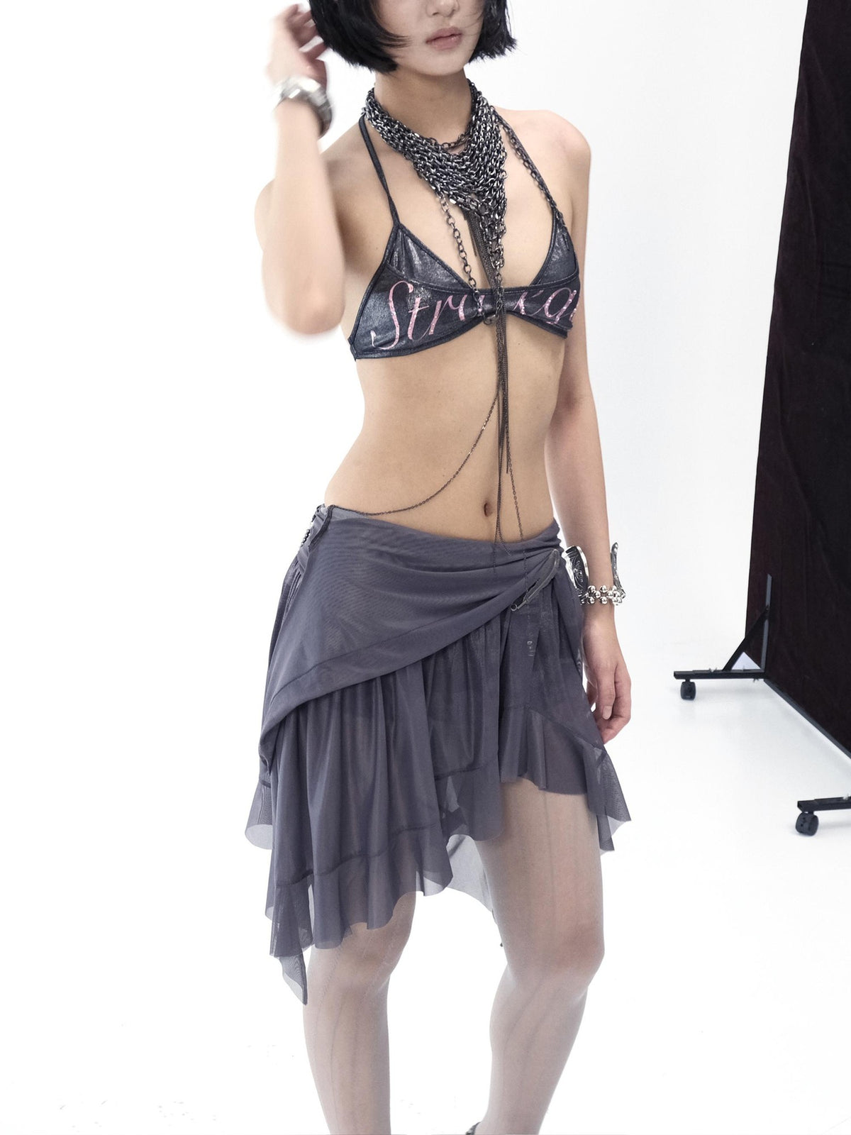 Flowers birds Market Asymmetric Hem Knit Mesh Paneled Women&