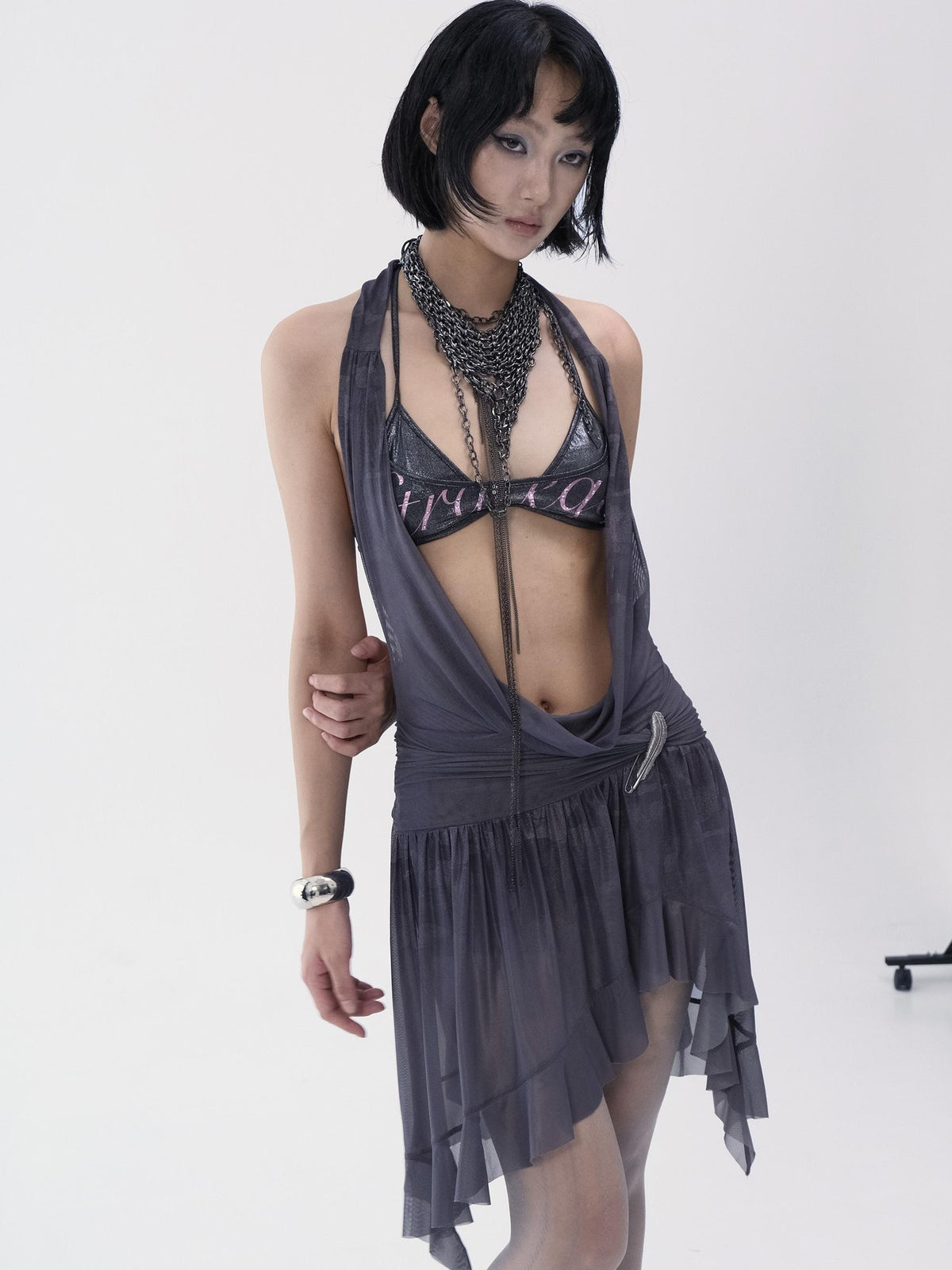 Flowers birds Market Asymmetric Hem Knit Mesh Paneled Women&