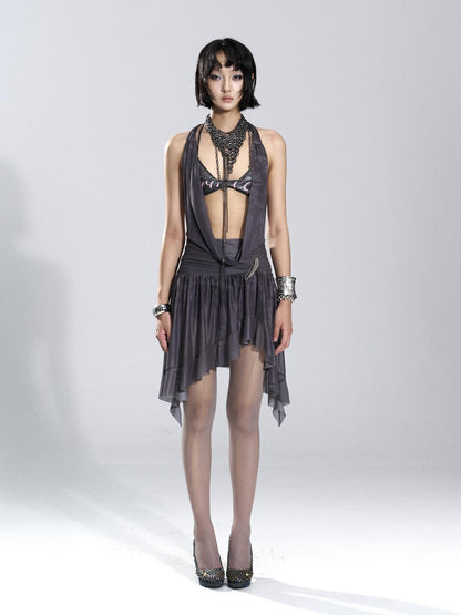 Flowers birds Market Asymmetric Hem Knit Mesh Paneled Women&