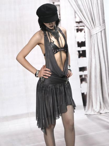 Flowers birds Market Asymmetric Hem Knit Mesh Paneled Women&