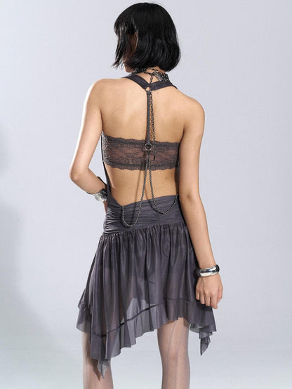 Flowers birds Market Asymmetric Hem Knit Mesh Paneled Women&