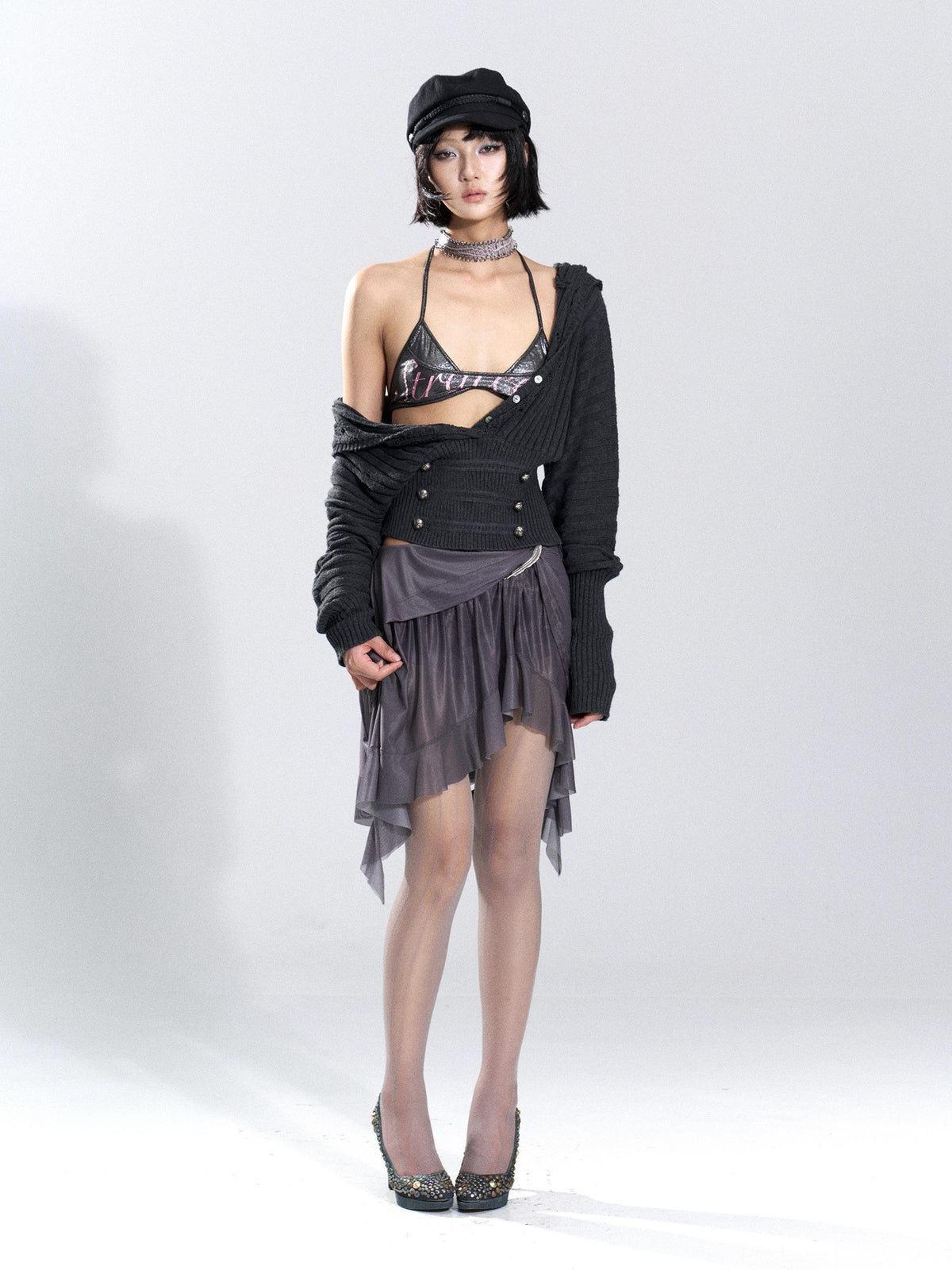 Flowers birds Market Asymmetric Hem Knit Mesh Paneled Women&