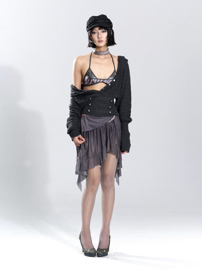 Flowers birds Market Asymmetric Hem Knit Mesh Paneled Women&