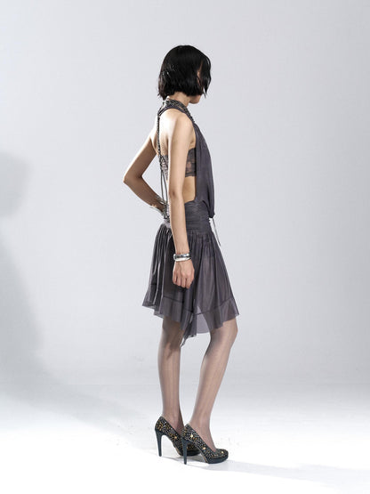 Flowers birds Market Asymmetric Hem Knit Mesh Paneled Women&