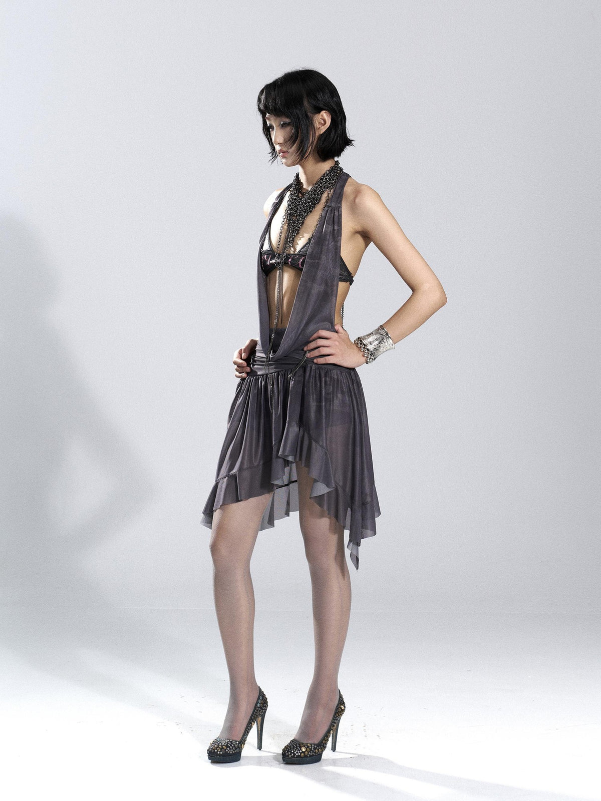 Flowers birds Market Asymmetric Hem Knit Mesh Paneled Women&