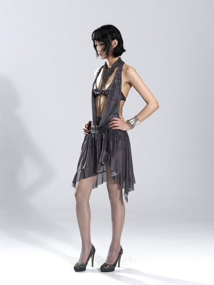Flowers birds Market Asymmetric Hem Knit Mesh Paneled Women&