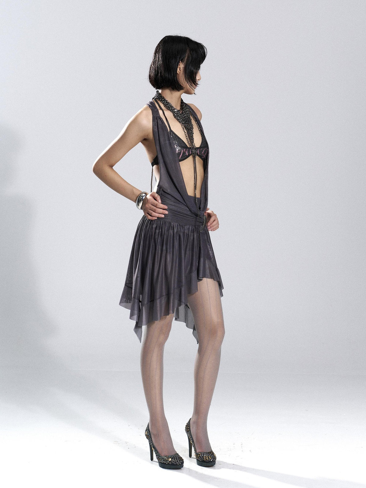 Flowers birds Market Asymmetric Hem Knit Mesh Paneled Women&