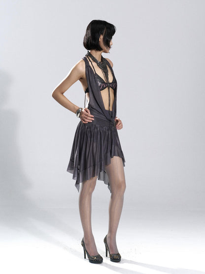 Flowers birds Market Asymmetric Hem Knit Mesh Paneled Women&