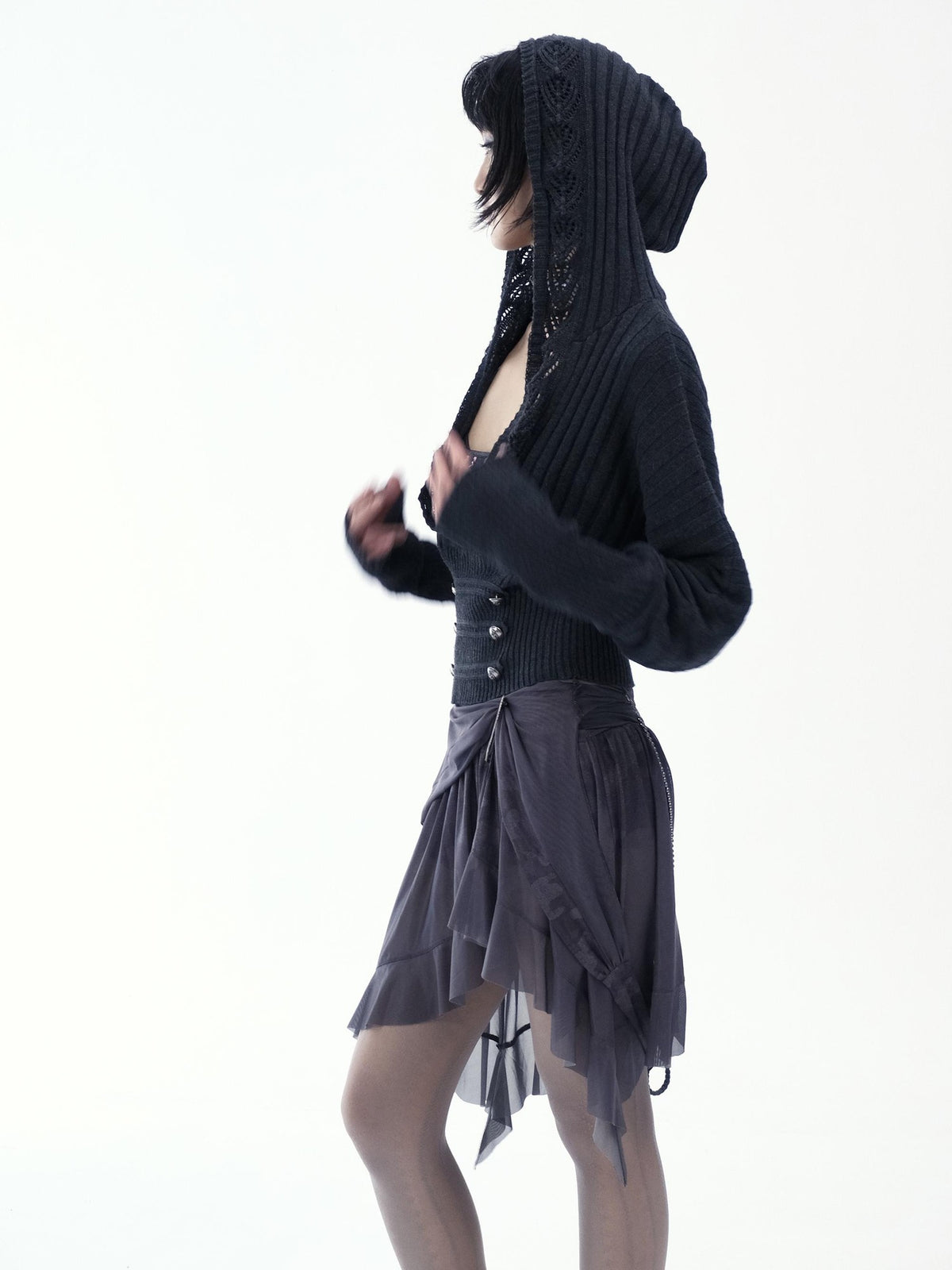 Flowers birds Market Asymmetric Hem Knit Mesh Paneled Women&