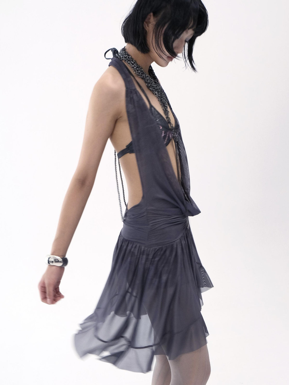Flowers birds Market Asymmetric Hem Knit Mesh Paneled Women&