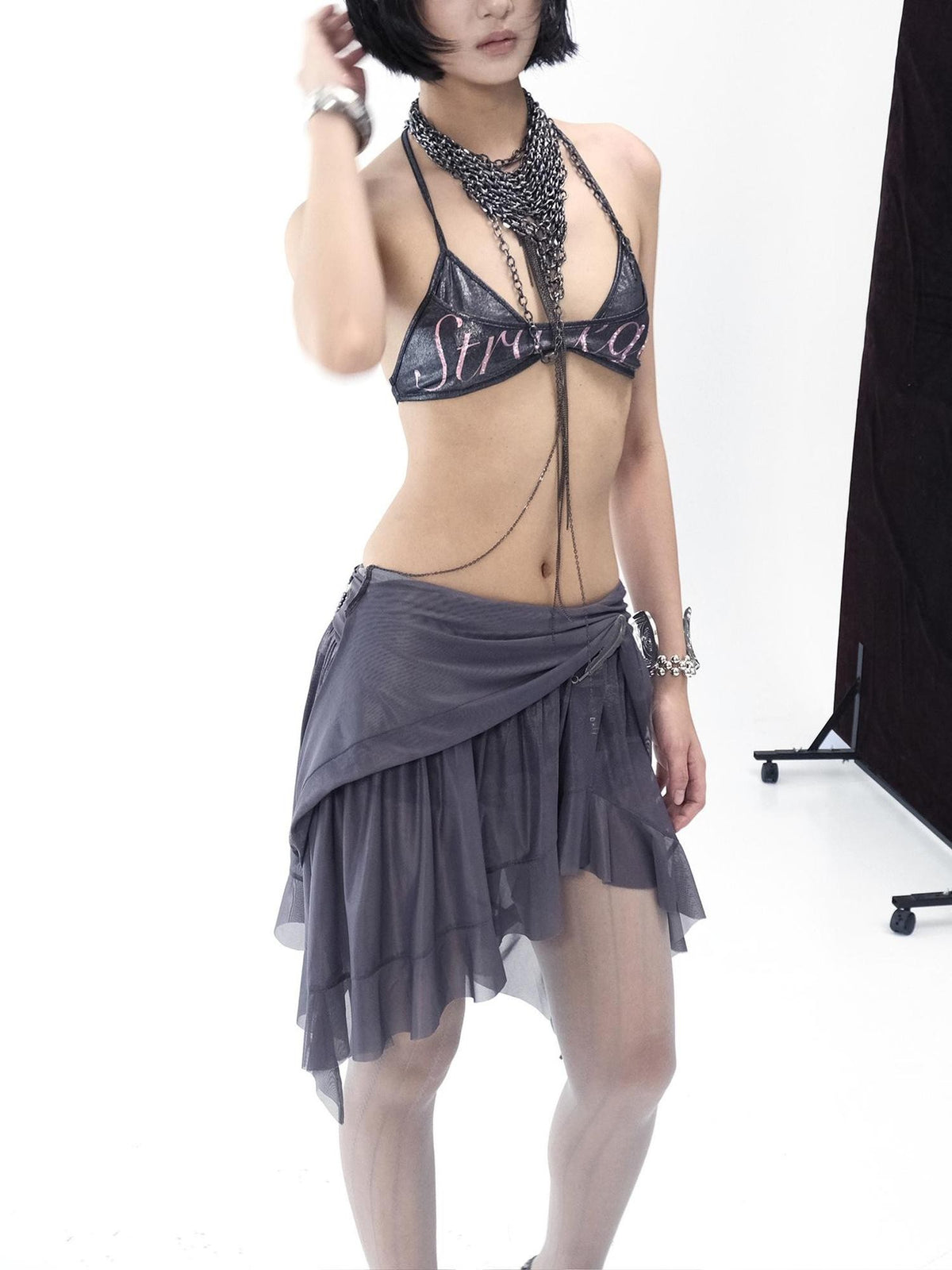 Flowers birds Market Asymmetric Hem Knit Mesh Paneled Women&