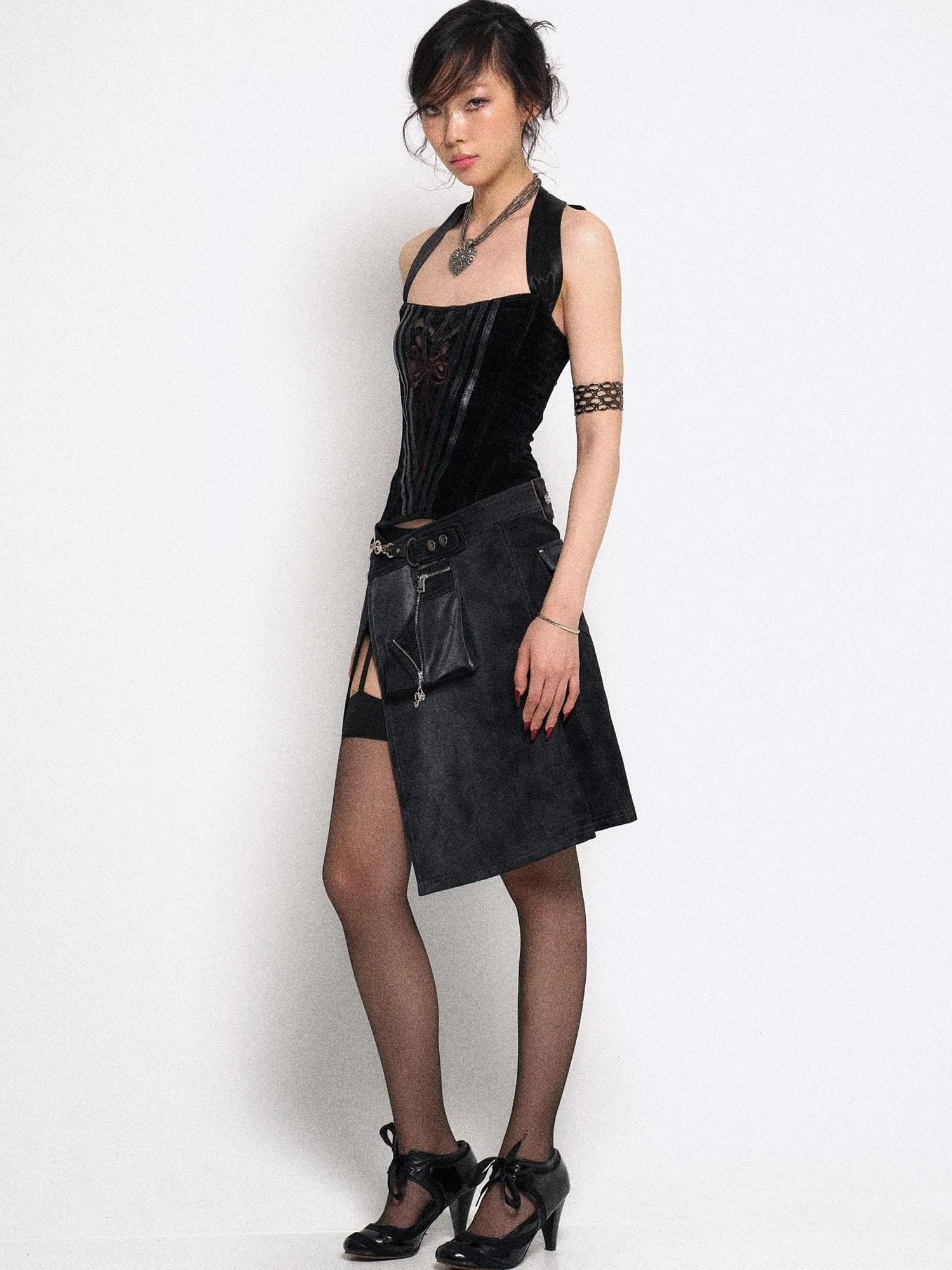 Asymmetrical Leather Panel Midi Skirt with Dual Tone Washable Pu