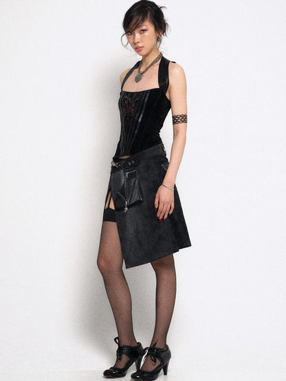 Asymmetrical Leather Panel Midi Skirt with Dual Tone Washable Pu