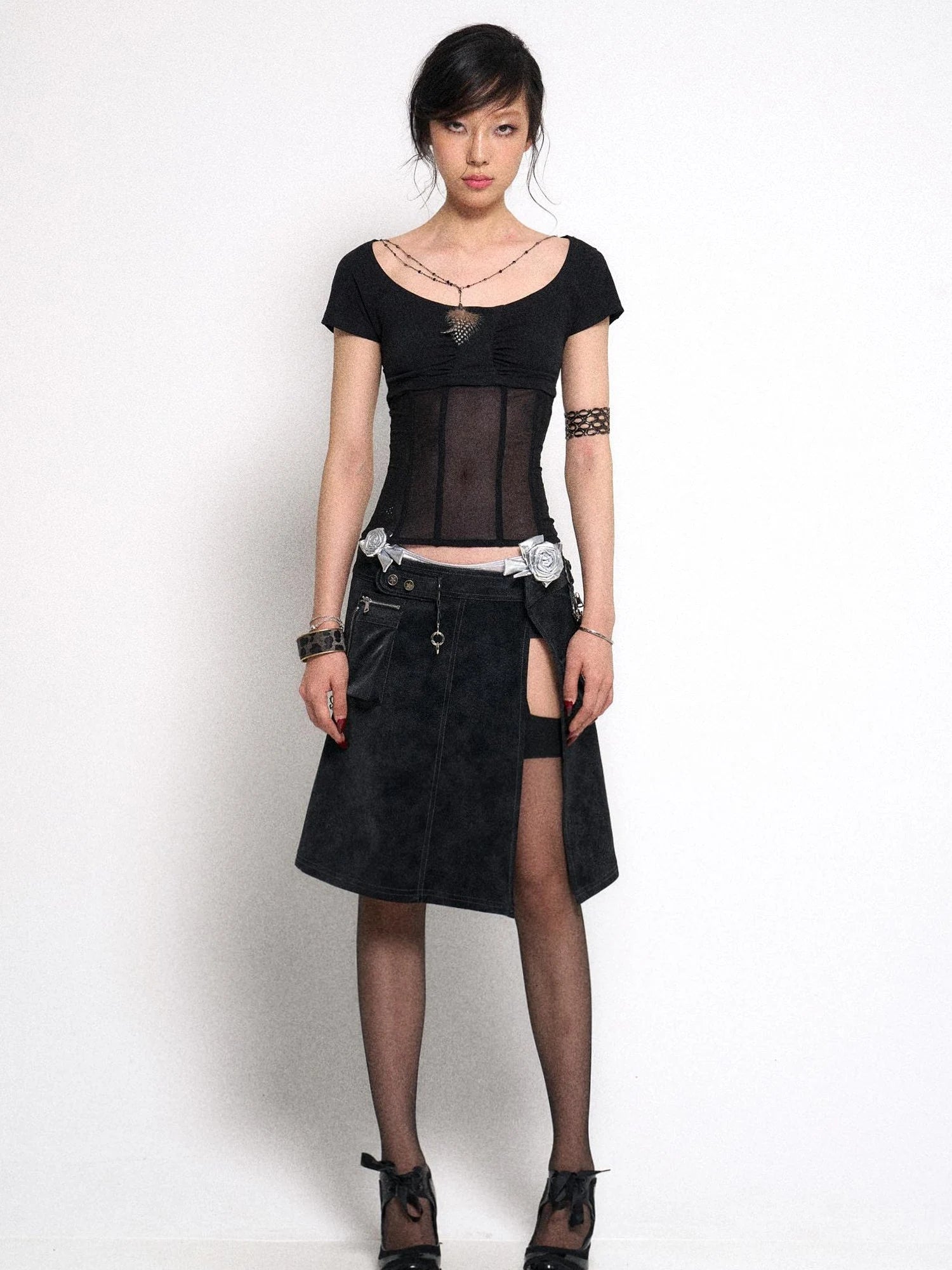 Asymmetrical Leather Panel Midi Skirt with Dual Tone Washable Pu