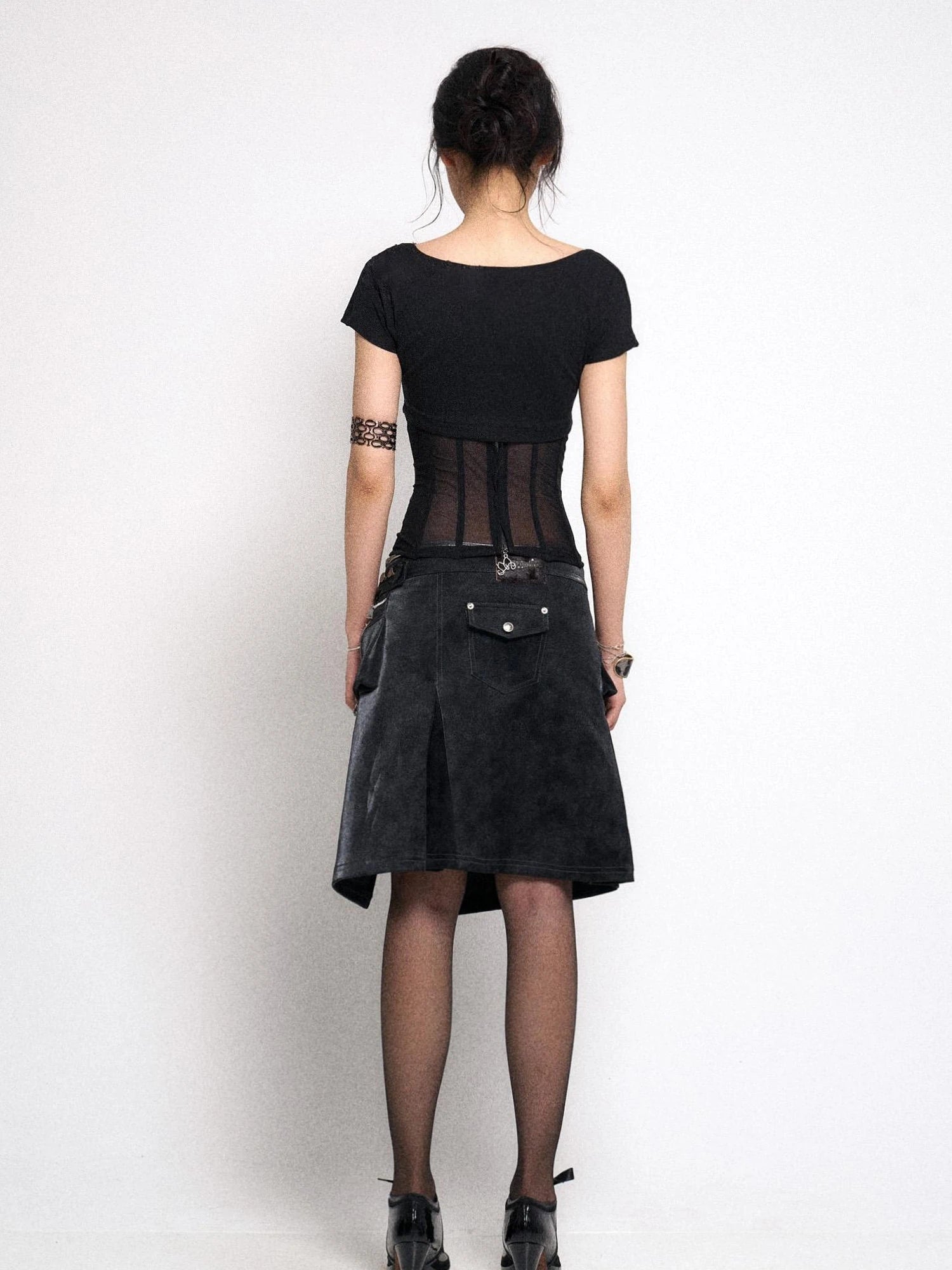Asymmetrical Leather Panel Midi Skirt with Dual Tone Washable Pu