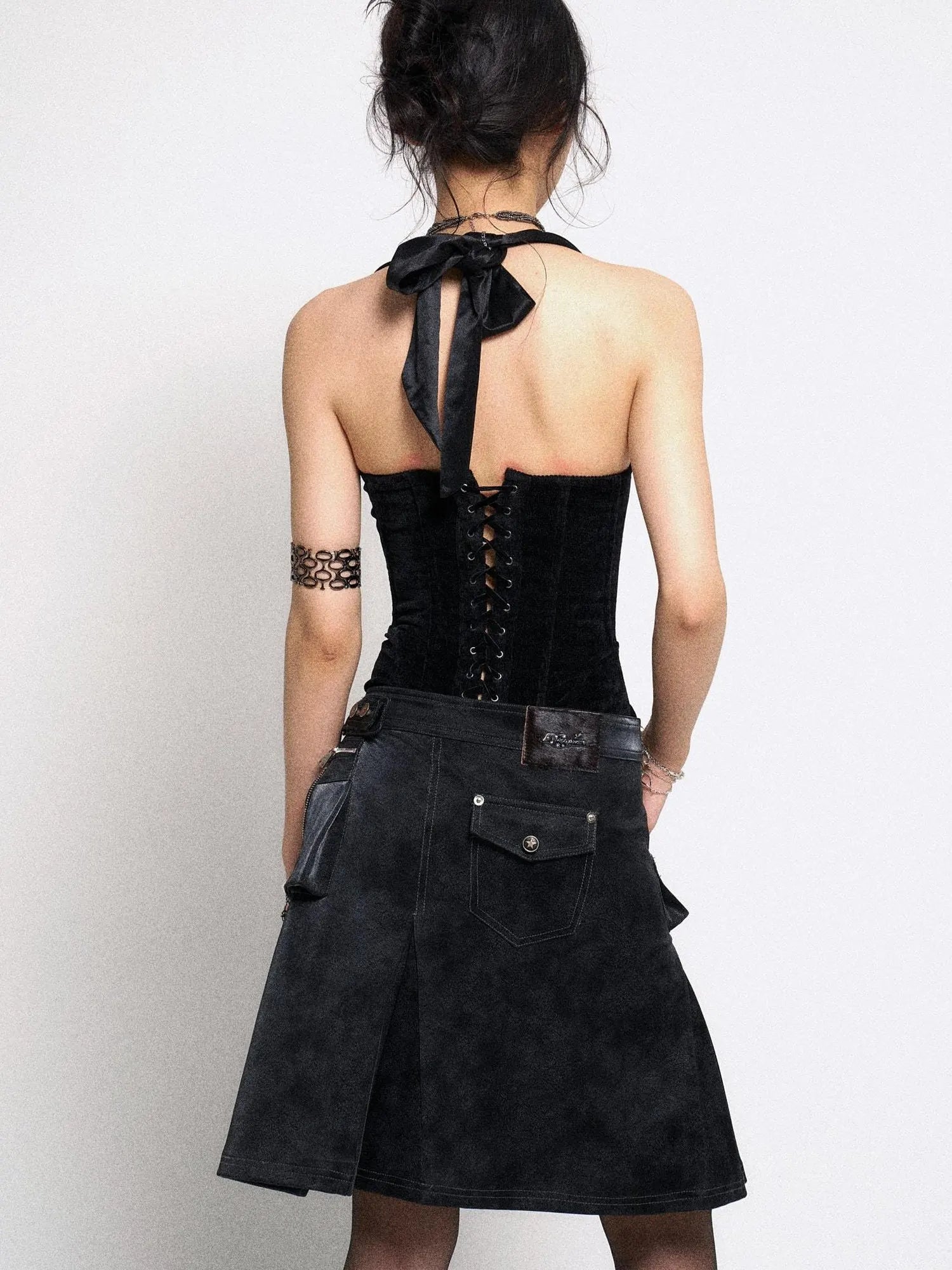 Asymmetrical Leather Panel Midi Skirt with Dual Tone Washable Pu