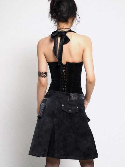 Flowers birds Market Asymmetrical Leather Panel Midi Skirt with Dual Tone Washable Pu