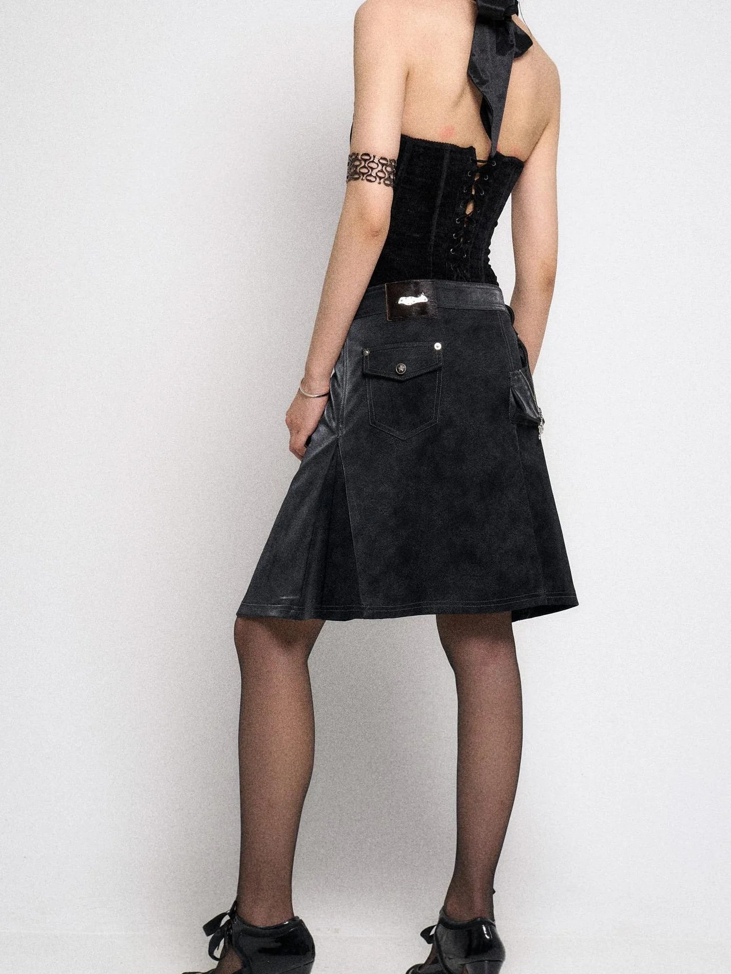 Asymmetrical Leather Panel Midi Skirt with Dual Tone Washable Pu