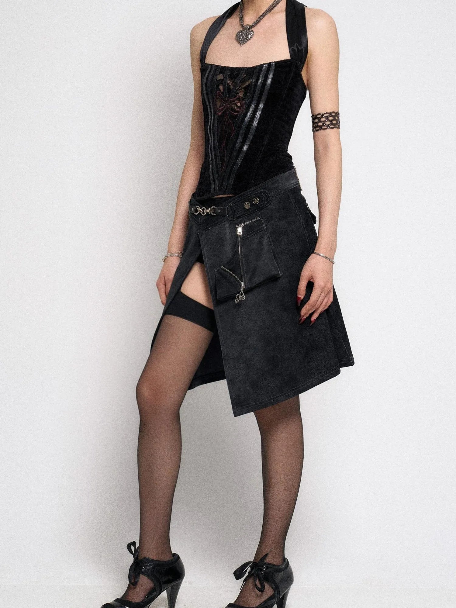 Asymmetrical Leather Panel Midi Skirt with Dual Tone Washable Pu