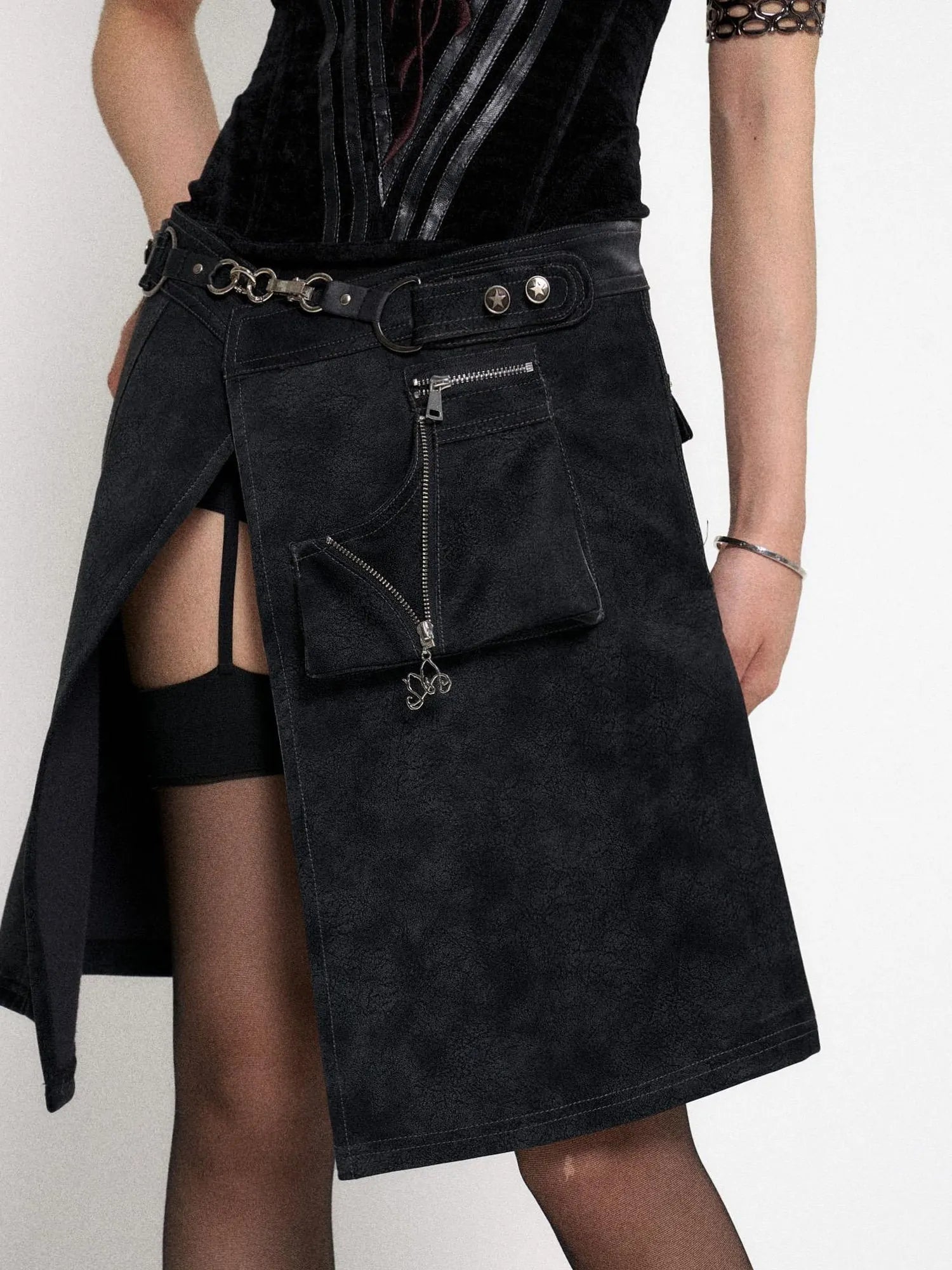 Asymmetrical Leather Panel Midi Skirt with Dual Tone Washable Pu