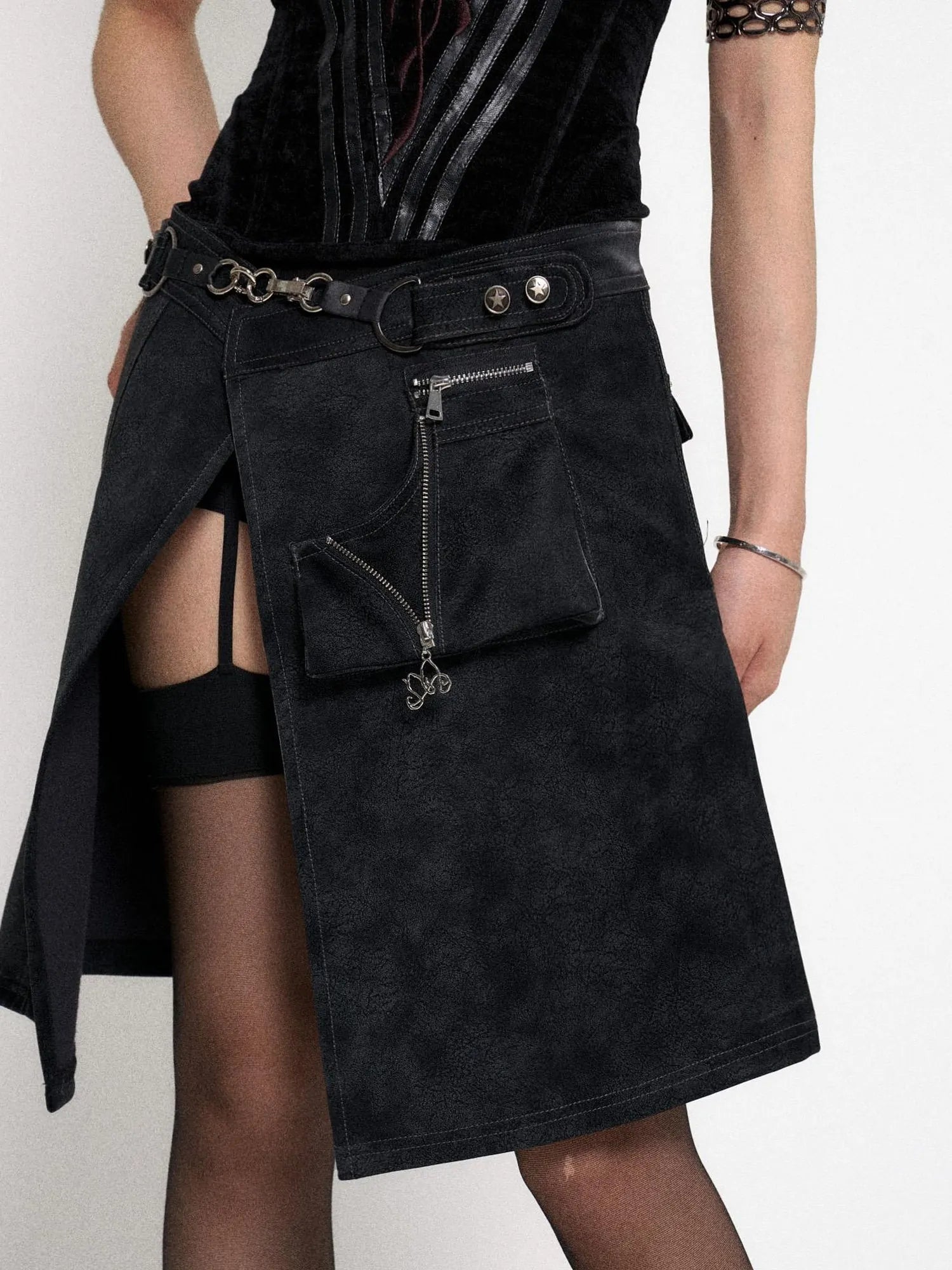 Asymmetrical Leather Panel Midi Skirt with Dual Tone Washable Pu