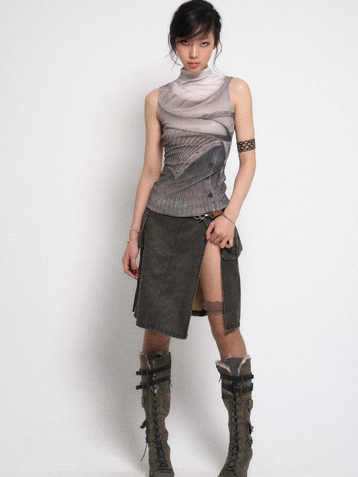 Asymmetrical Leather Panel Midi Skirt with Dual Tone Washable Pu