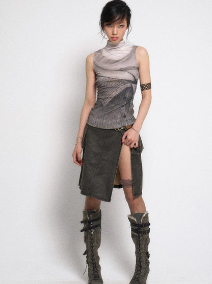 Asymmetrical Leather Panel Midi Skirt with Dual Tone Washable Pu