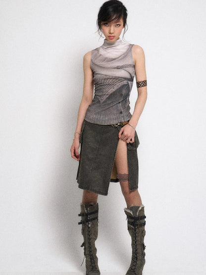 Asymmetrical Leather Panel Midi Skirt with Dual Tone Washable Pu