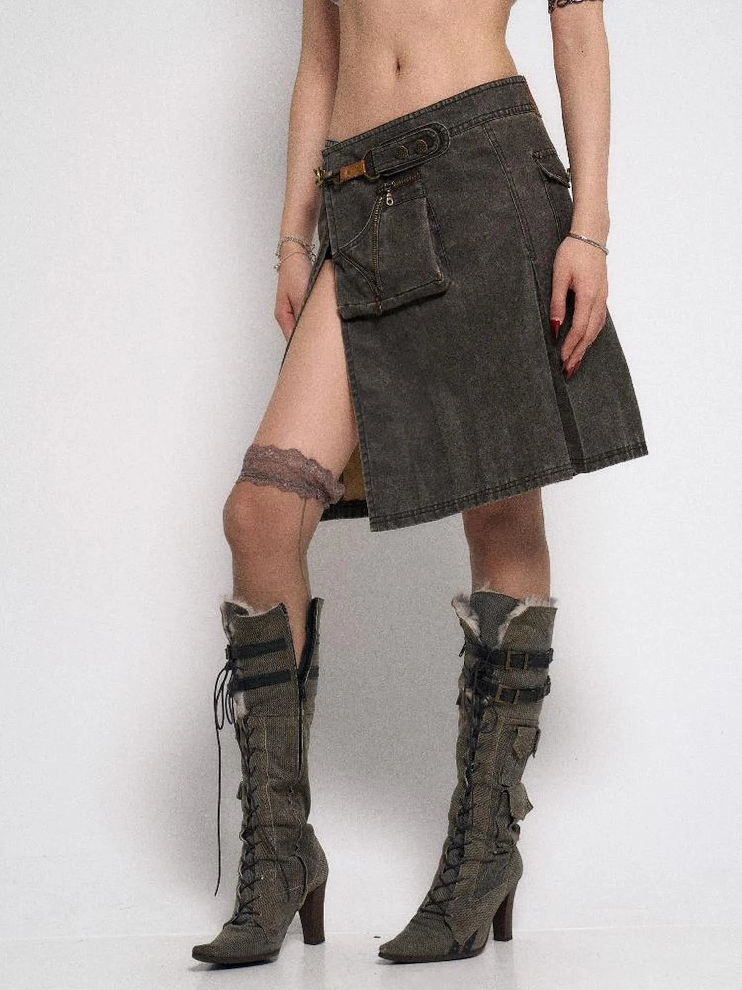 Asymmetrical Leather Panel Midi Skirt with Dual Tone Washable Pu