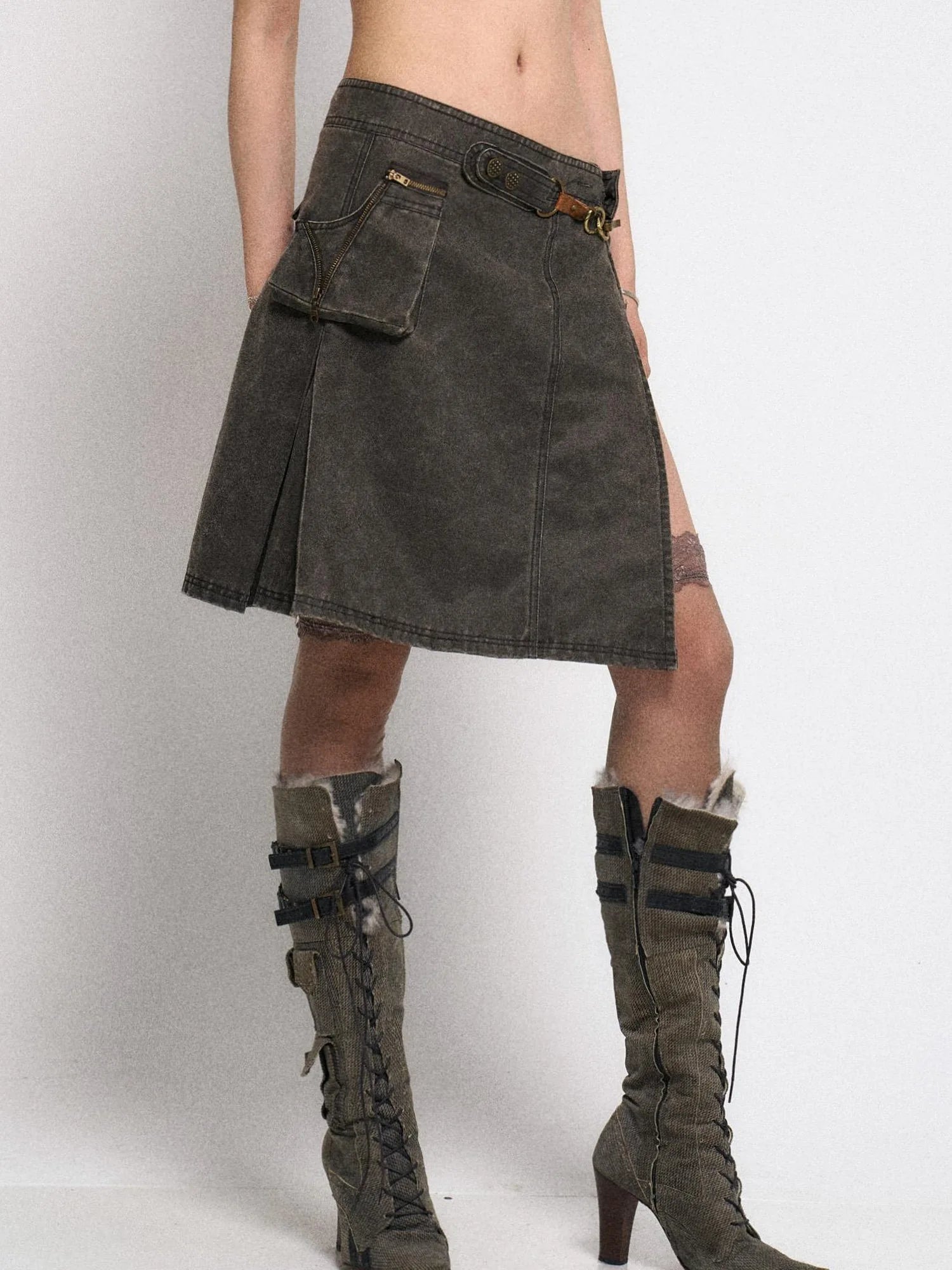 Asymmetrical Leather Panel Midi Skirt with Dual Tone Washable Pu