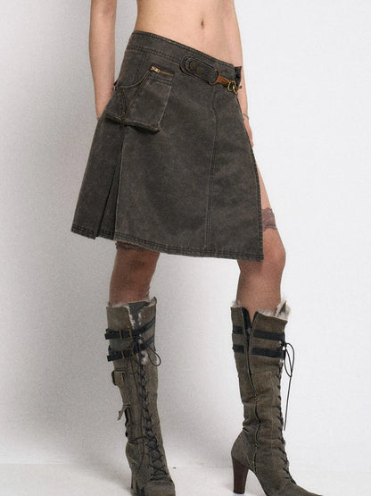 Asymmetrical Leather Panel Midi Skirt with Dual Tone Washable Pu