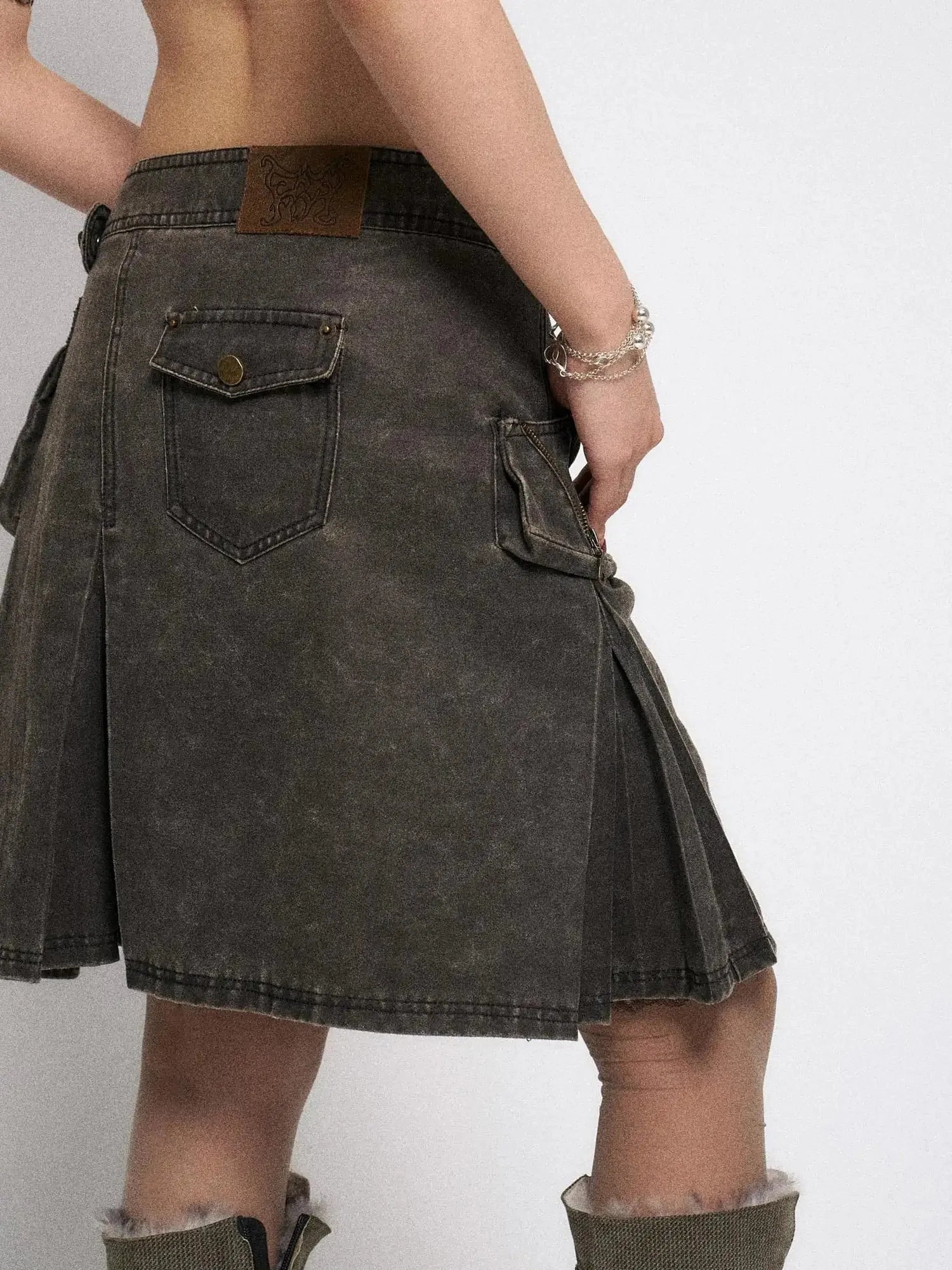 Asymmetrical Leather Panel Midi Skirt with Dual Tone Washable Pu