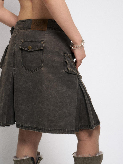 Flowers birds Market Asymmetrical Leather Panel Midi Skirt with Dual Tone Washable Pu