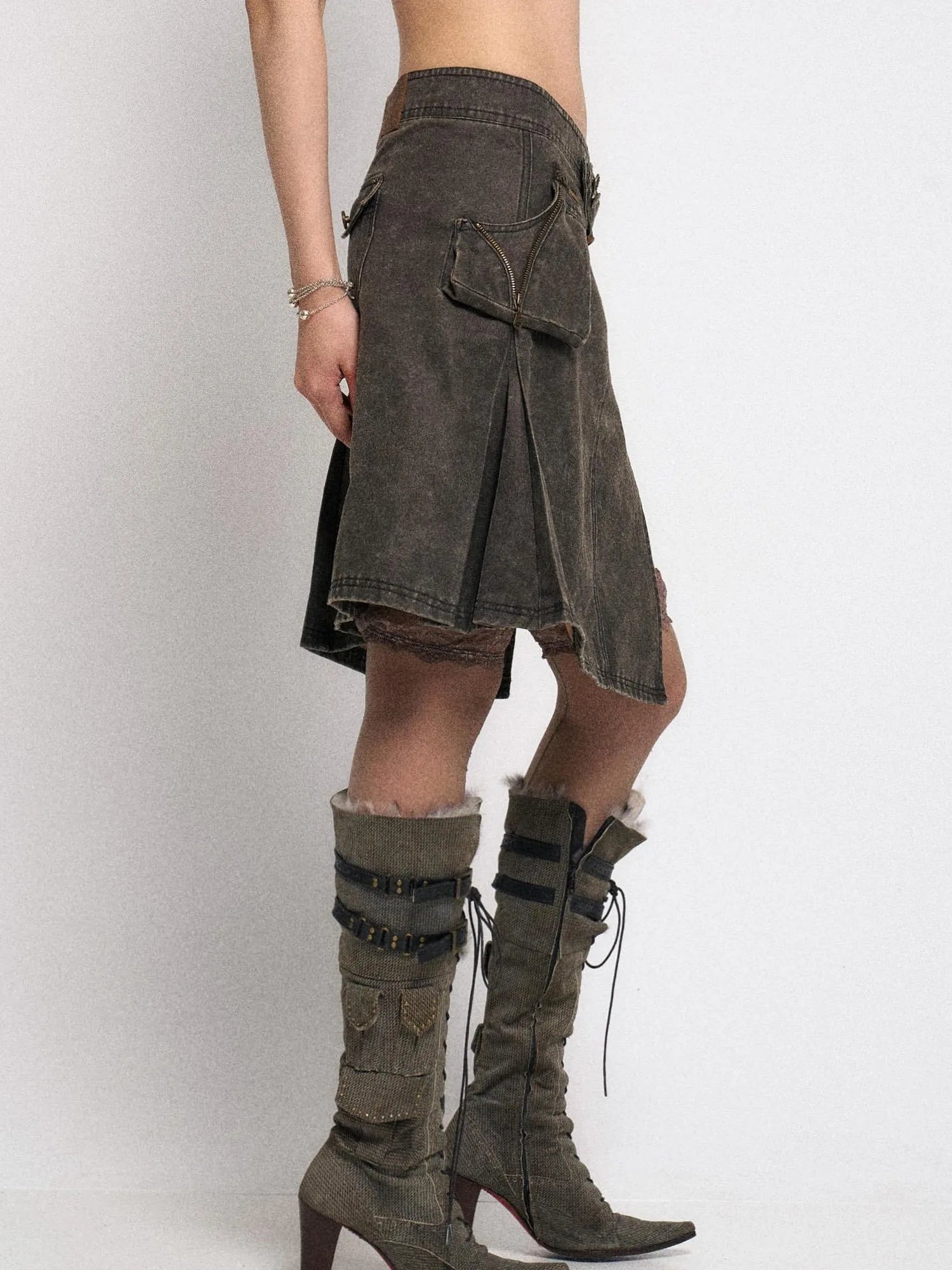 Asymmetrical Leather Panel Midi Skirt with Dual Tone Washable Pu