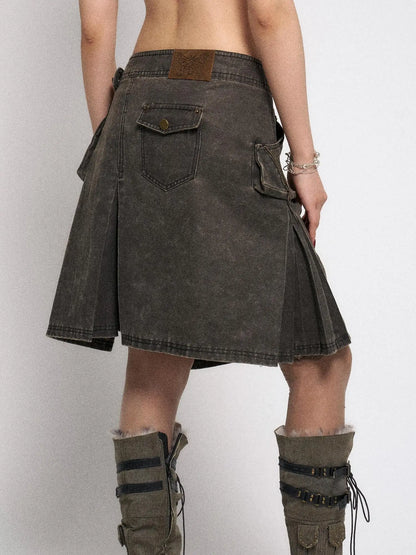 Asymmetrical Leather Panel Midi Skirt with Dual Tone Washable Pu