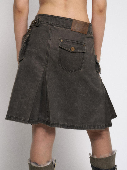 Asymmetrical Leather Panel Midi Skirt with Dual Tone Washable Pu