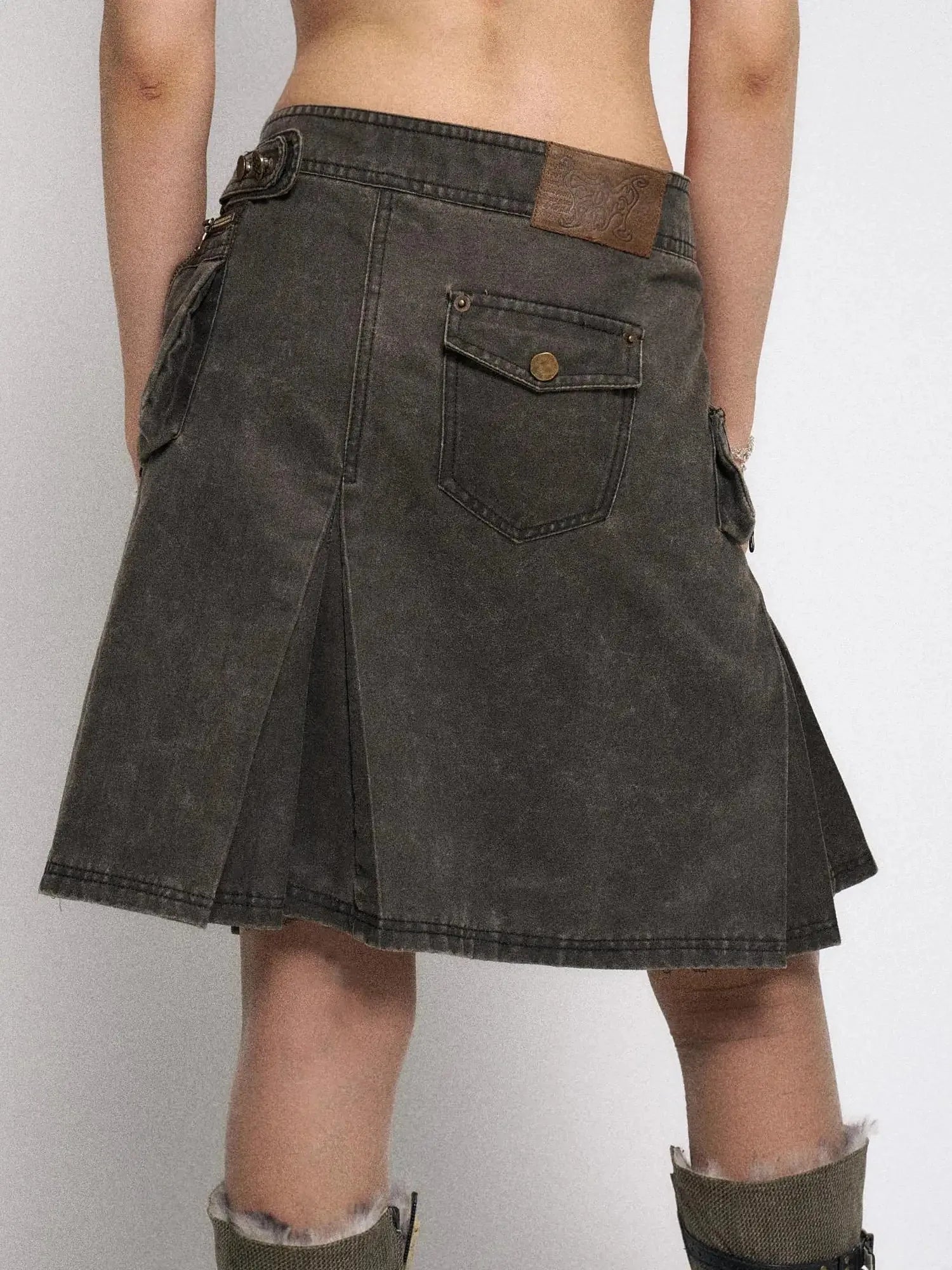 Asymmetrical Leather Panel Midi Skirt with Dual Tone Washable Pu
