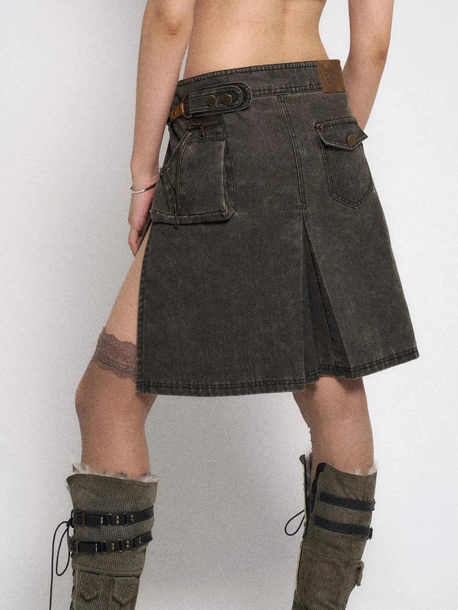 Asymmetrical Leather Panel Midi Skirt with Dual Tone Washable Pu