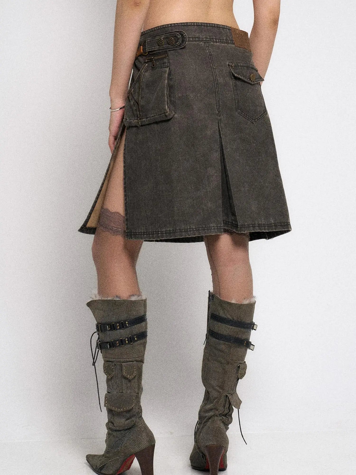 Asymmetrical Leather Panel Midi Skirt with Dual Tone Washable Pu