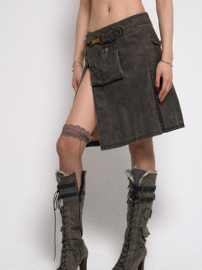 Asymmetrical Leather Panel Midi Skirt with Dual Tone Washable Pu