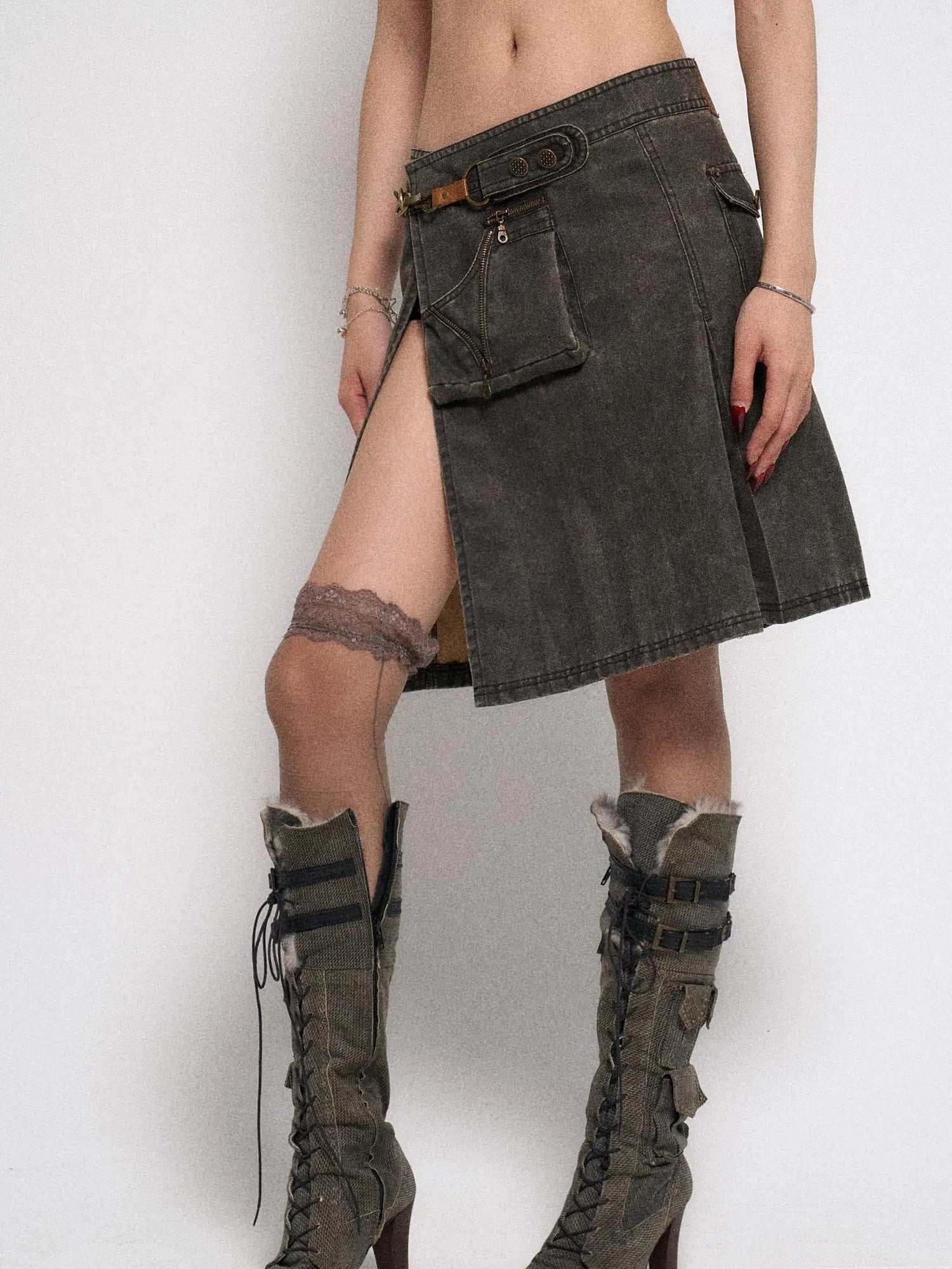 Asymmetrical Leather Panel Midi Skirt with Dual Tone Washable Pu