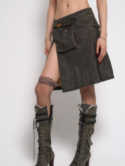 Flowers birds Market Asymmetrical Leather Panel Midi Skirt with Dual Tone Washable Pu