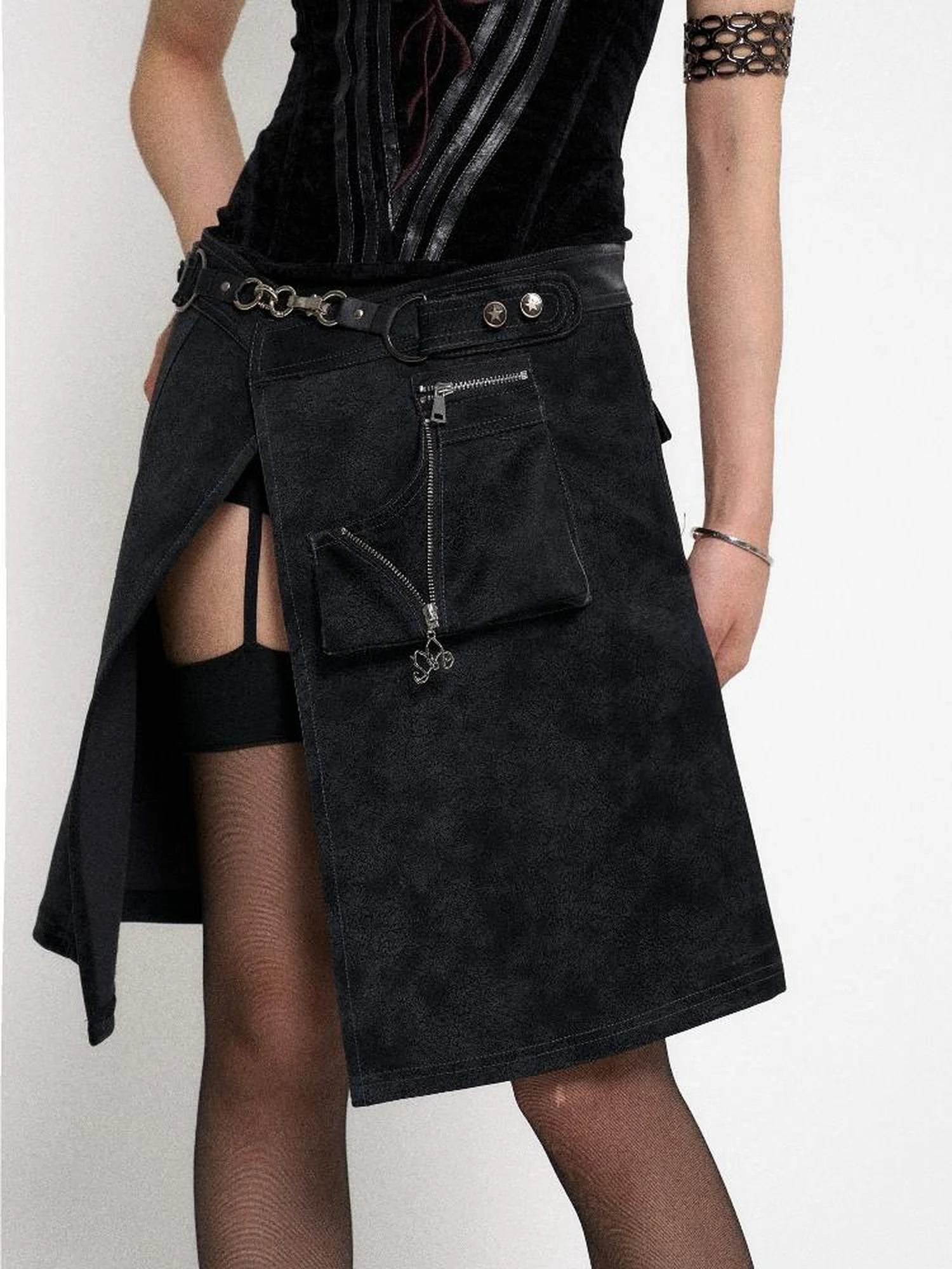 Asymmetrical Leather Panel Midi Skirt with Dual Tone Washable Pu