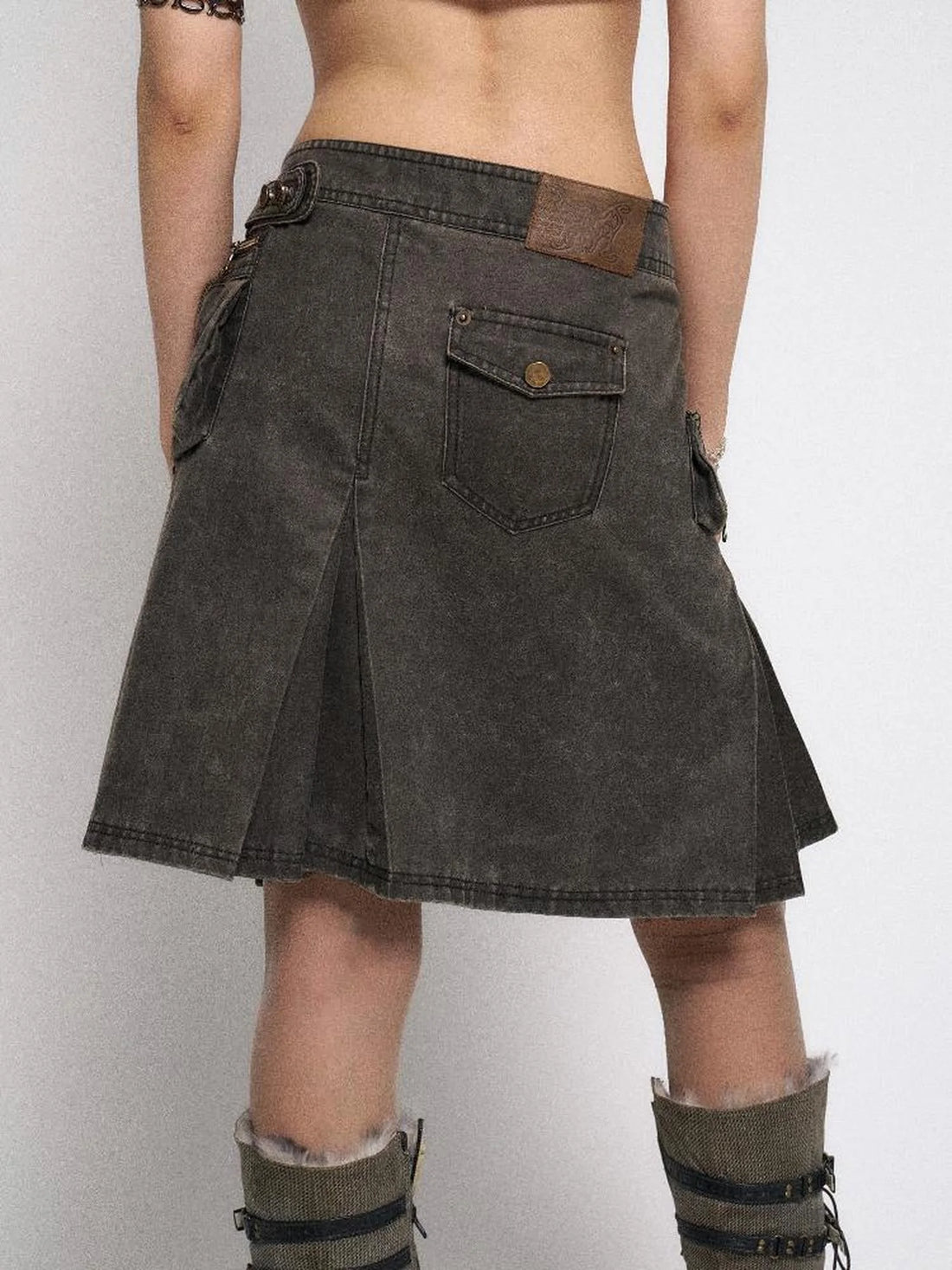 Asymmetrical Leather Panel Midi Skirt with Dual Tone Washable Pu